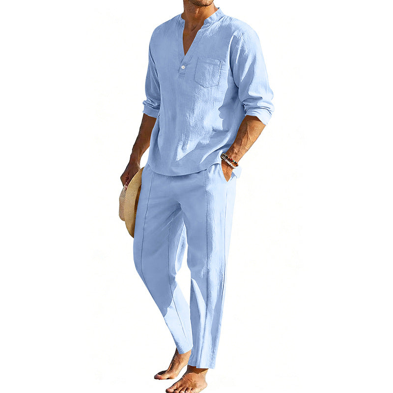Men's comfortable linen two-piece with stand-up collar shirt and tapered ankle-length pants StylebySassy