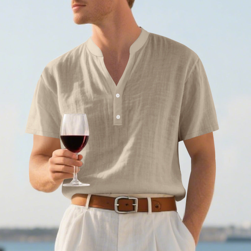 Men's summer Nehru shirt made of linen blend with short button placket StylebySassy