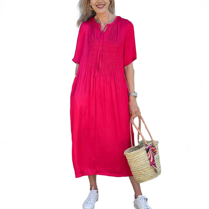 Women's casual midi dress with gathered bust panel, delicate slip collar, tie belt, and side pockets StylebySassy