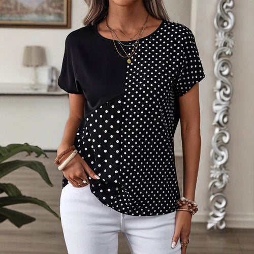 Women nan casual polka dot short sleeve top with asymmetrical seam and round neck StylebySassy