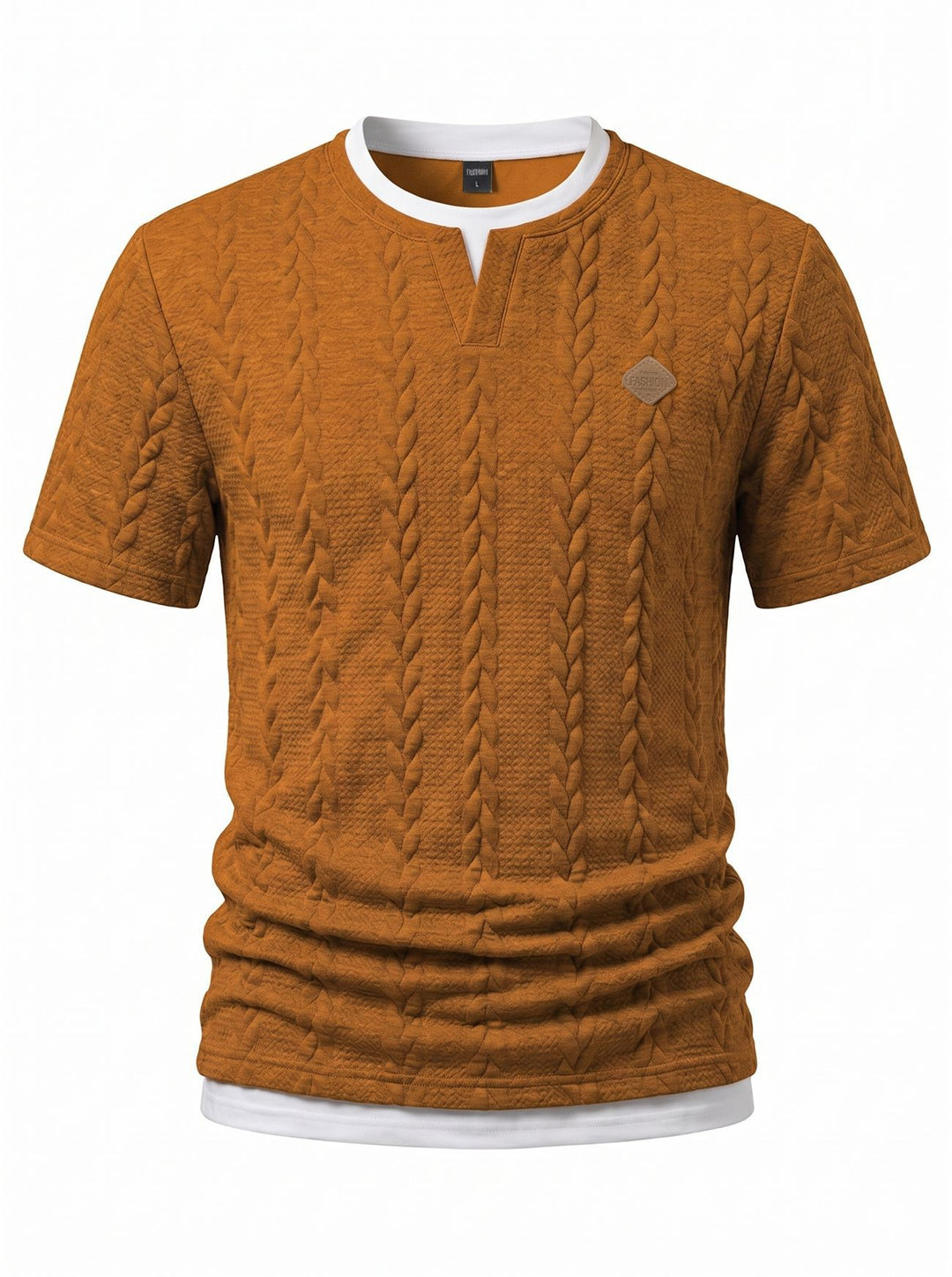 Men's textured short-sleeve shirt with embossed braid structure, V-insert at the round neck and layered look StylebySassy