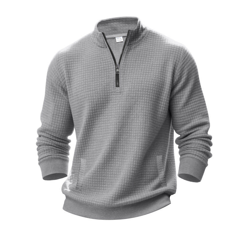 Men's waffle texture half-zip pullover with stand-up collar and subtle side pockets StylebySassy