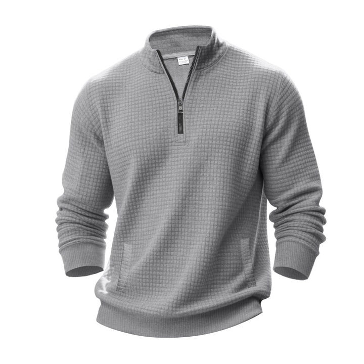 Men's waffle texture half-zip pullover with stand-up collar and subtle side pockets StylebySassy