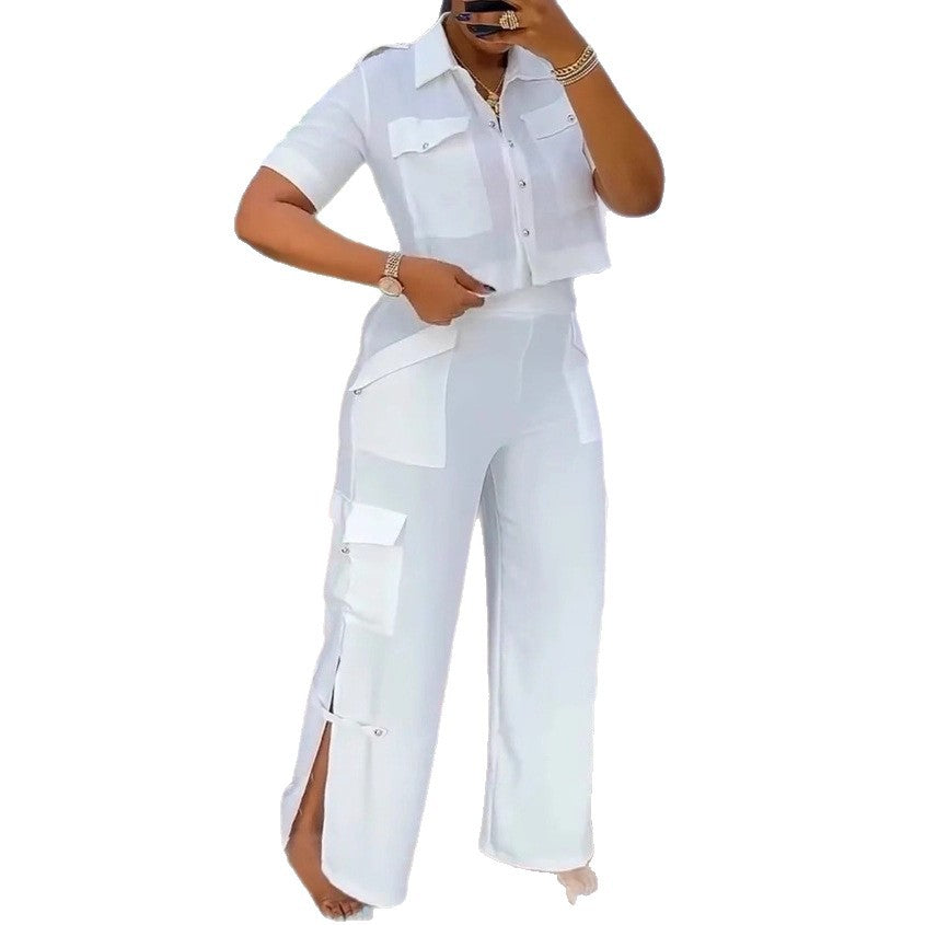 Women's two-piece shirt and cargo pants set with short oversized shirt, high waist, wide leg, and side leg slits StylebySassy