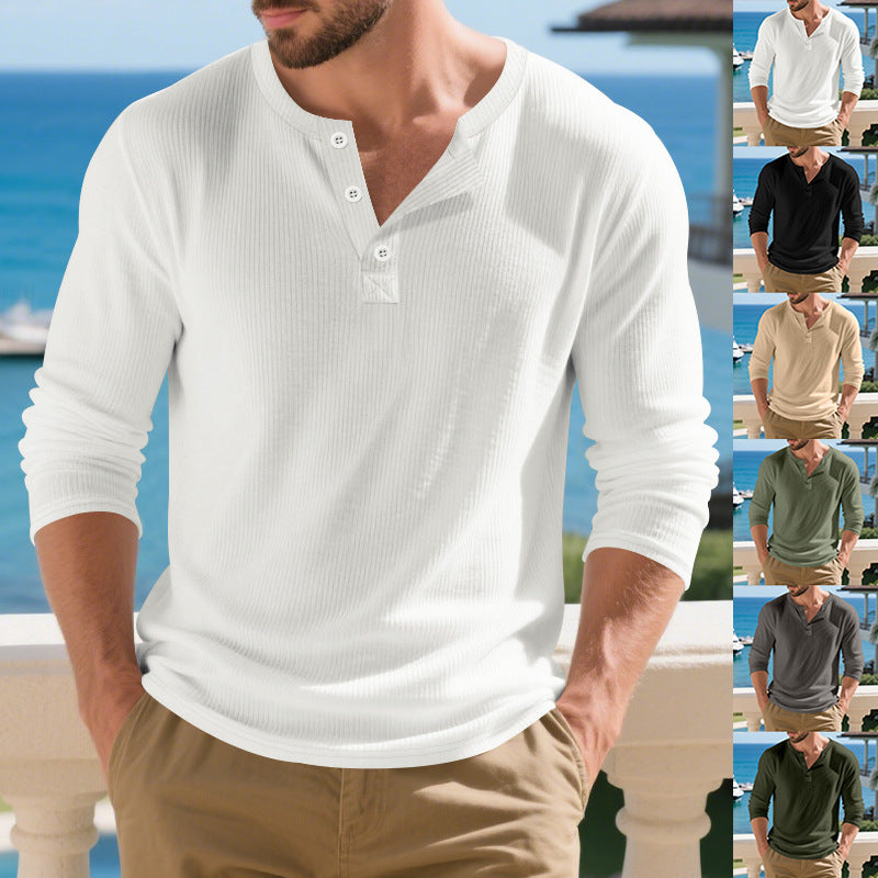 Men's fitted Henley long sleeve made of thermoactive waffle jersey with three-part button placket StylebySassy