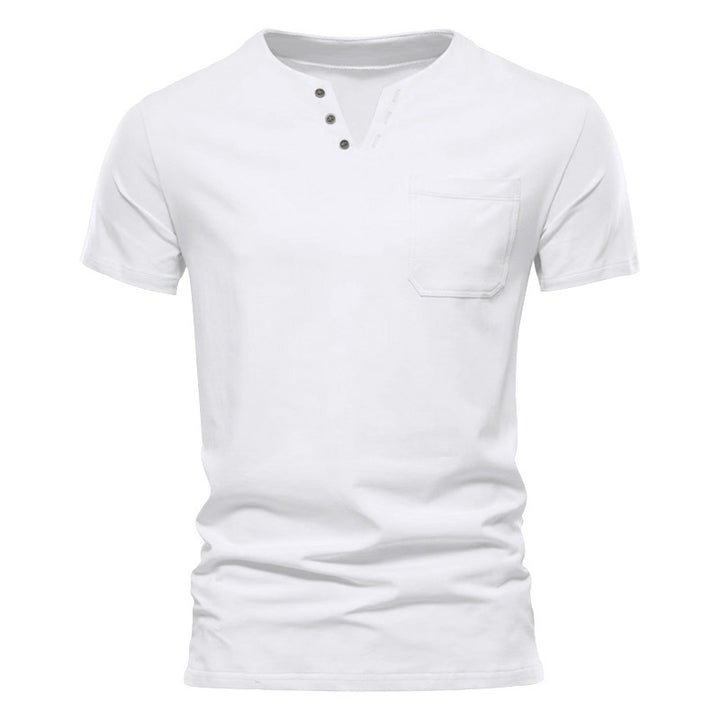 Men's tailored short sleeve Henley shirt with chest pocket and asymmetrical button placket StylebySassy