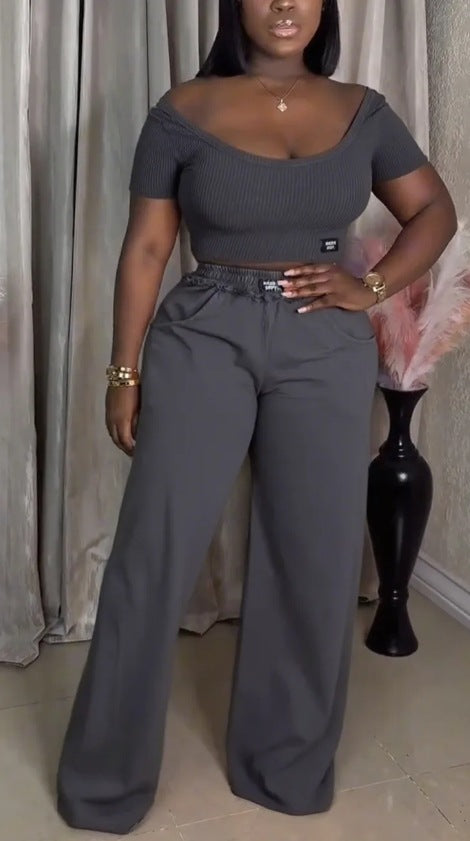 Women's off-the-shoulder ribbed crop top with wide-cut, high-waisted palazzo pants StylebySassy