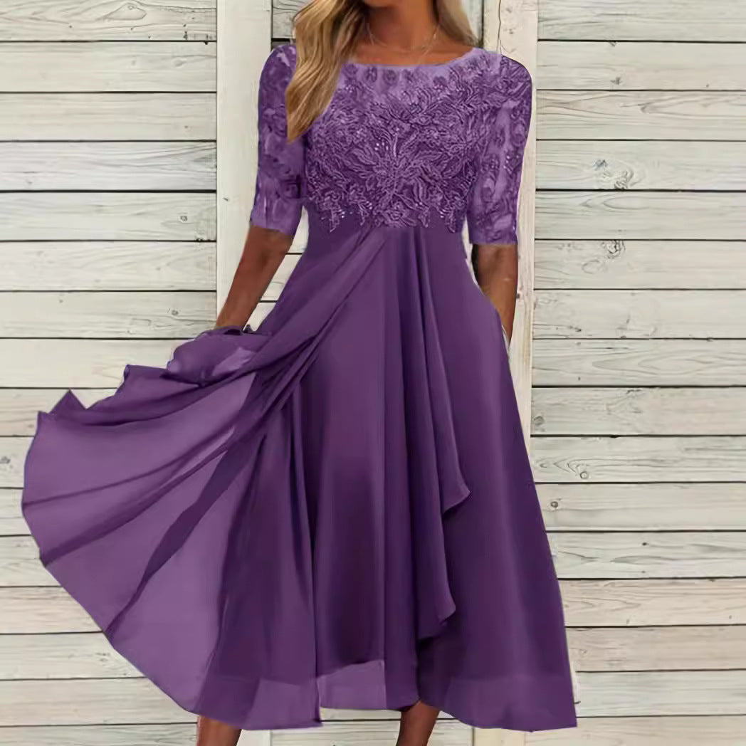 Women's elegant chiffon midi dress with embroidered lace top and three-quarter sleeves StylebySassy
