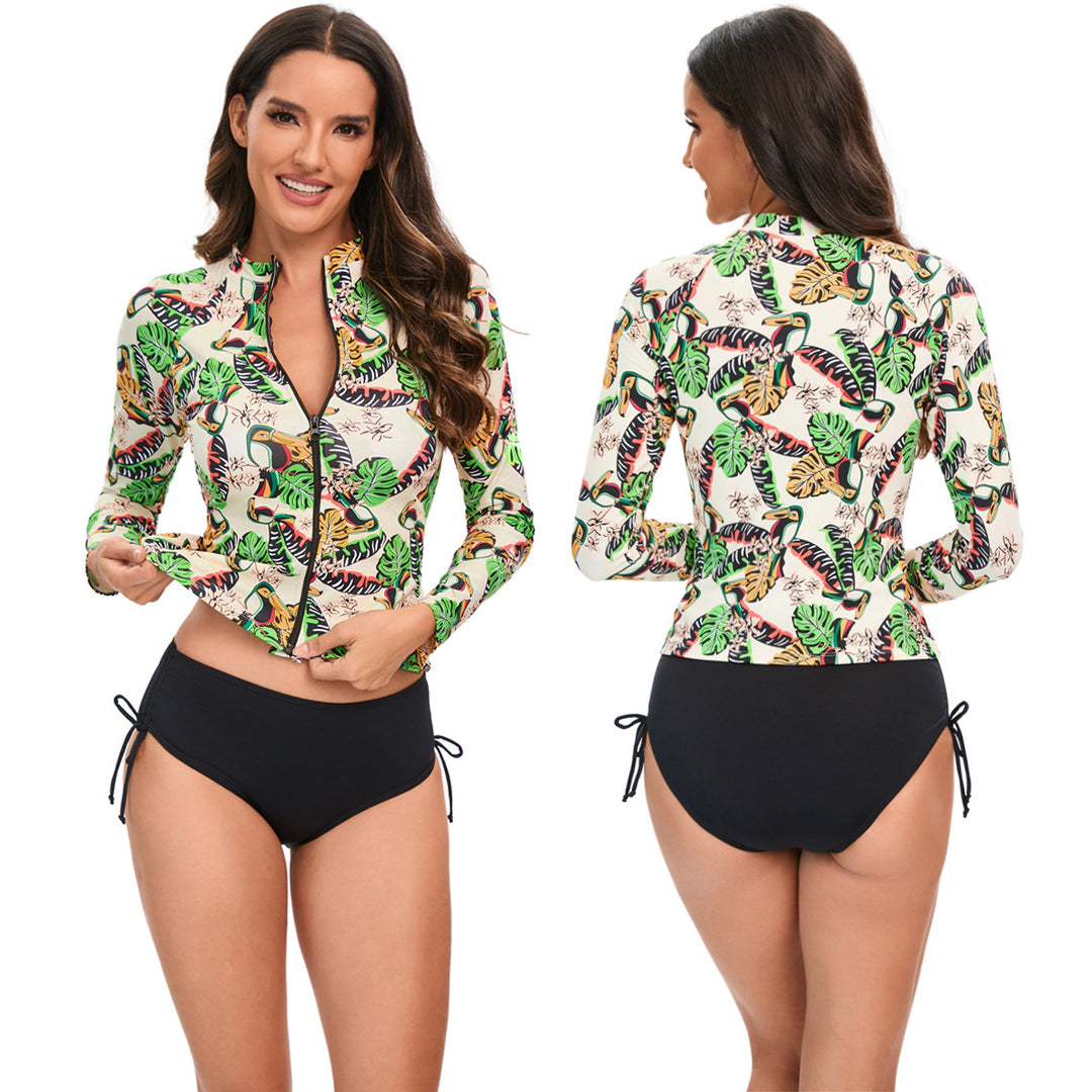 Women's Athletic Long Sleeve Rash Guard with Colorful Animal and Leaf Pattern StylebySassy