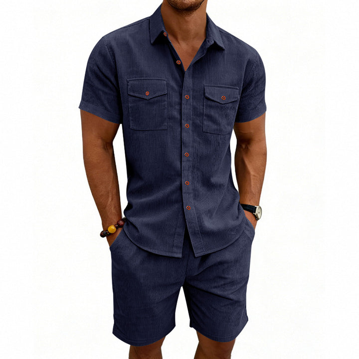 Men's structured cord leisure set with camp collar shirt and casual shorts StylebySassy