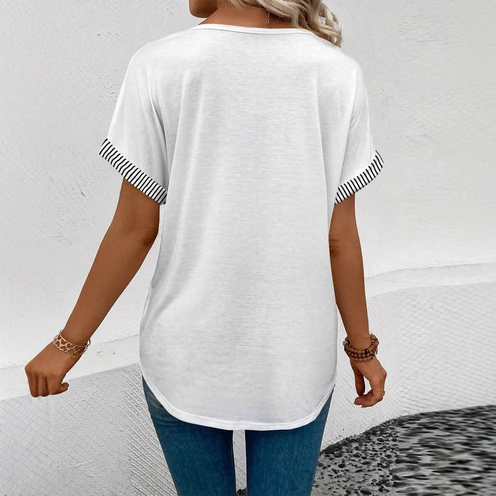 Ladies casual T-shirt with deep V-neck and striped contrasting trims StylebySassy