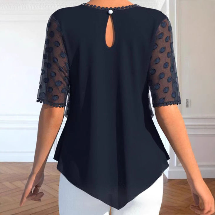 Women's elegant layered blouse with transparent tulle overlay, polka dot structure and asymmetrical pointed hem StylebySassy