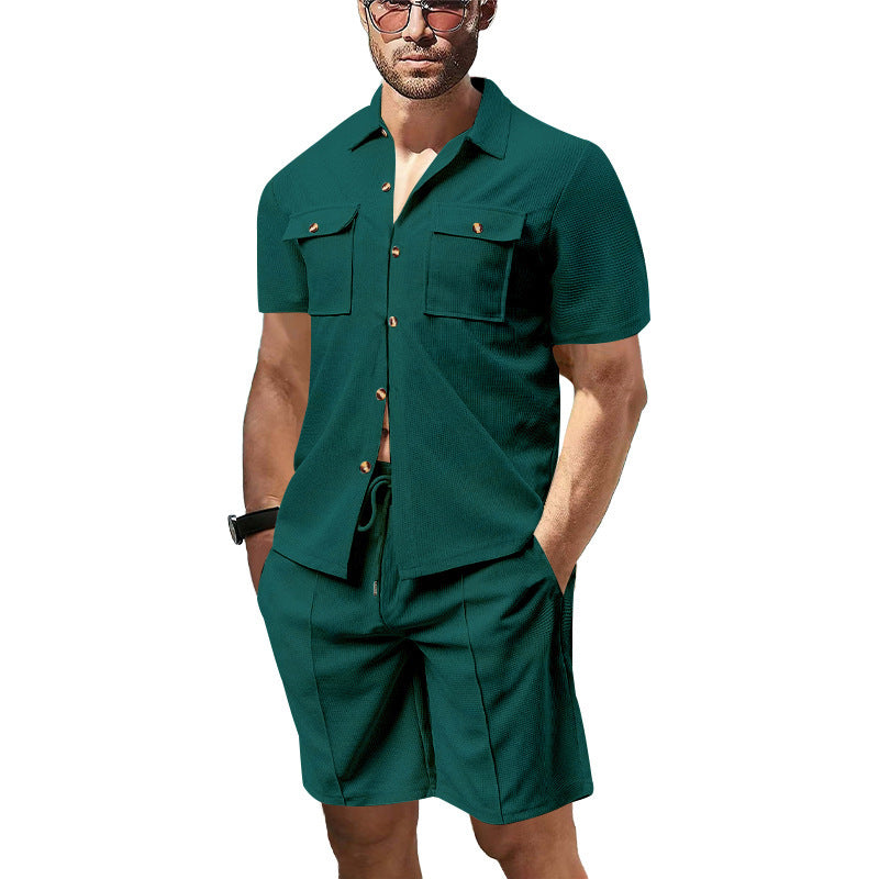 Men's structured short-sleeve shirt and bermuda set made of breathable cotton blend with chest pockets and drawstring StylebySassy
