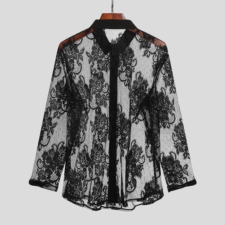 Ladies nan lightweight floral lace blouse with shirt collar and decorative button placket StylebySassy