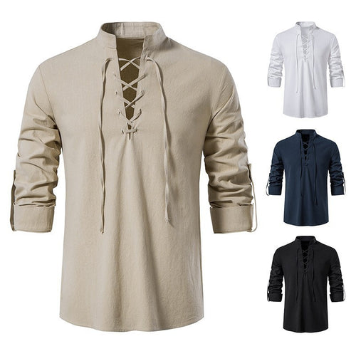 Men's casual lace-up shirt with stand-up collar, linen-cotton blend and roll-up sleeve tabs StylebySassy