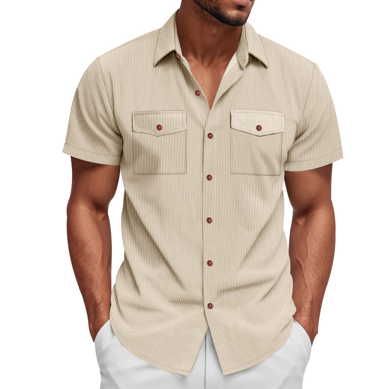 Men's casual short-sleeve shirt with lapel collar, patch flap pockets and fine pinstripe texture StylebySassy