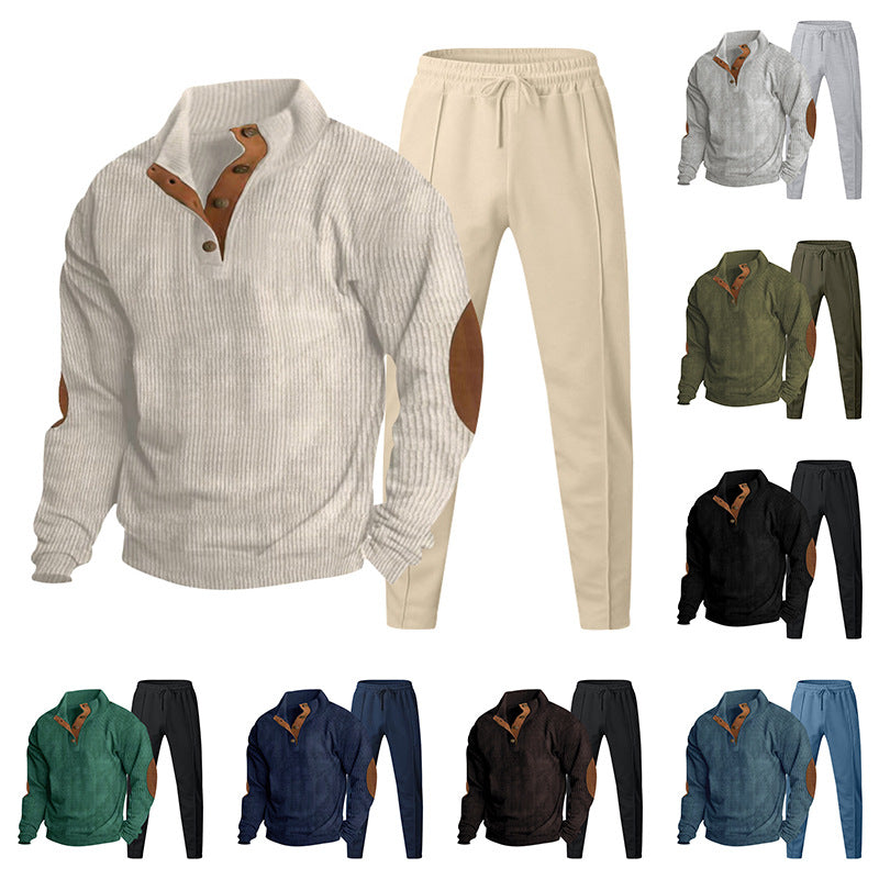 Men's ribbed Henley leisure suit with decorative button placket and suede elbow patches tapered joggers StylebySassy