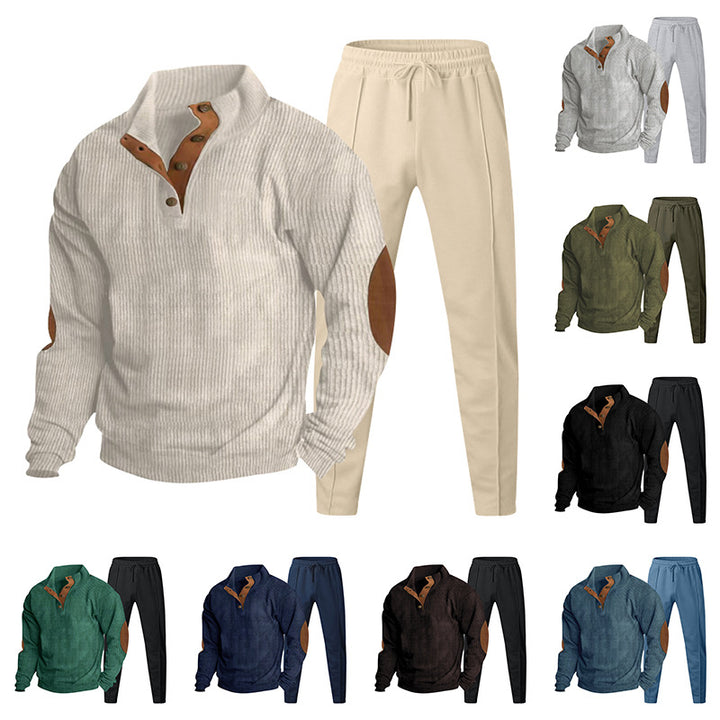 Men's ribbed Henley leisure suit with decorative button placket and suede elbow patches tapered joggers StylebySassy