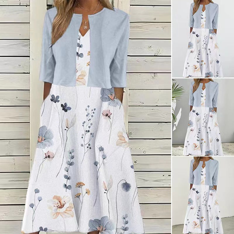 Women's maxi dress with separate bolero, V-neck, inset pockets, and floral A-line silhouette StylebySassy