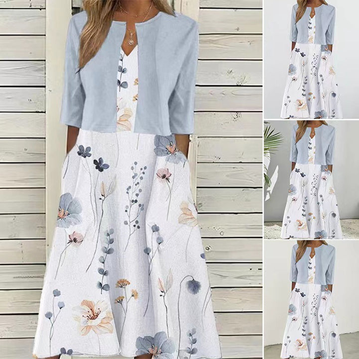 Women's maxi dress with separate bolero, V-neck, inset pockets, and floral A-line silhouette StylebySassy