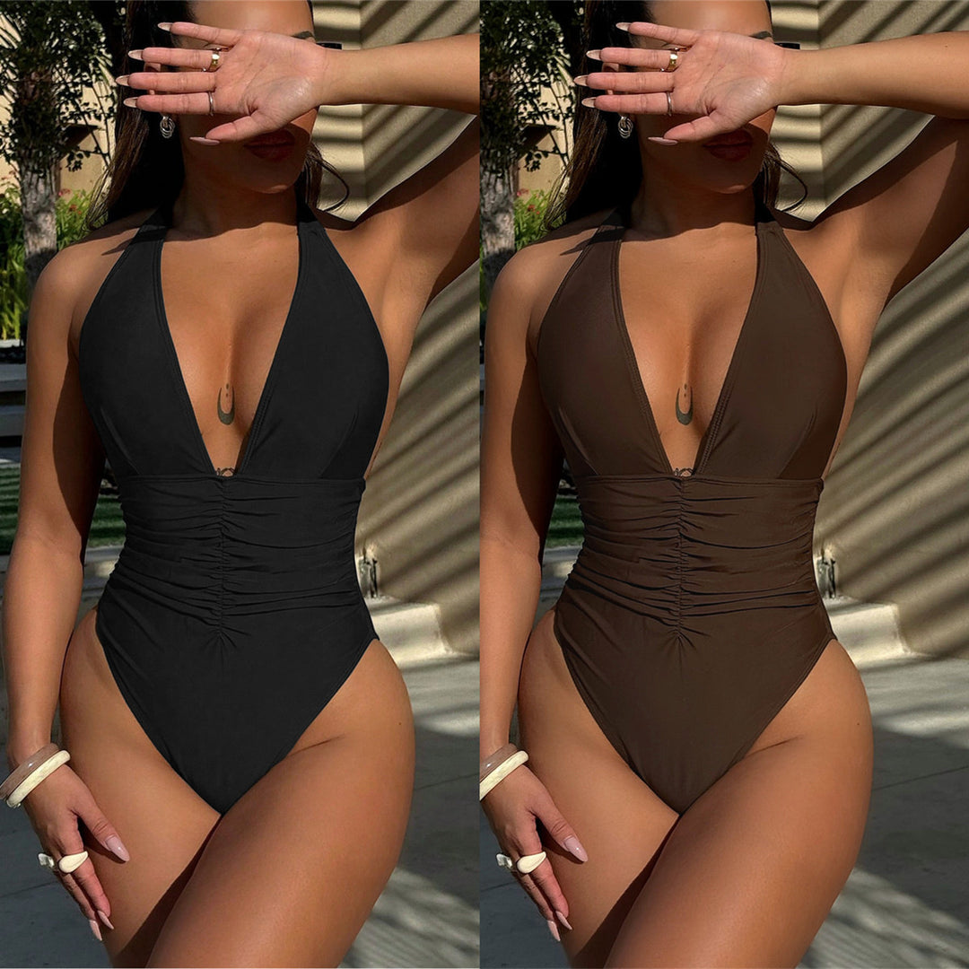 Ladies' One-Piece Swimsuit with Deep V-Neck and Gathered Details StylebySassy