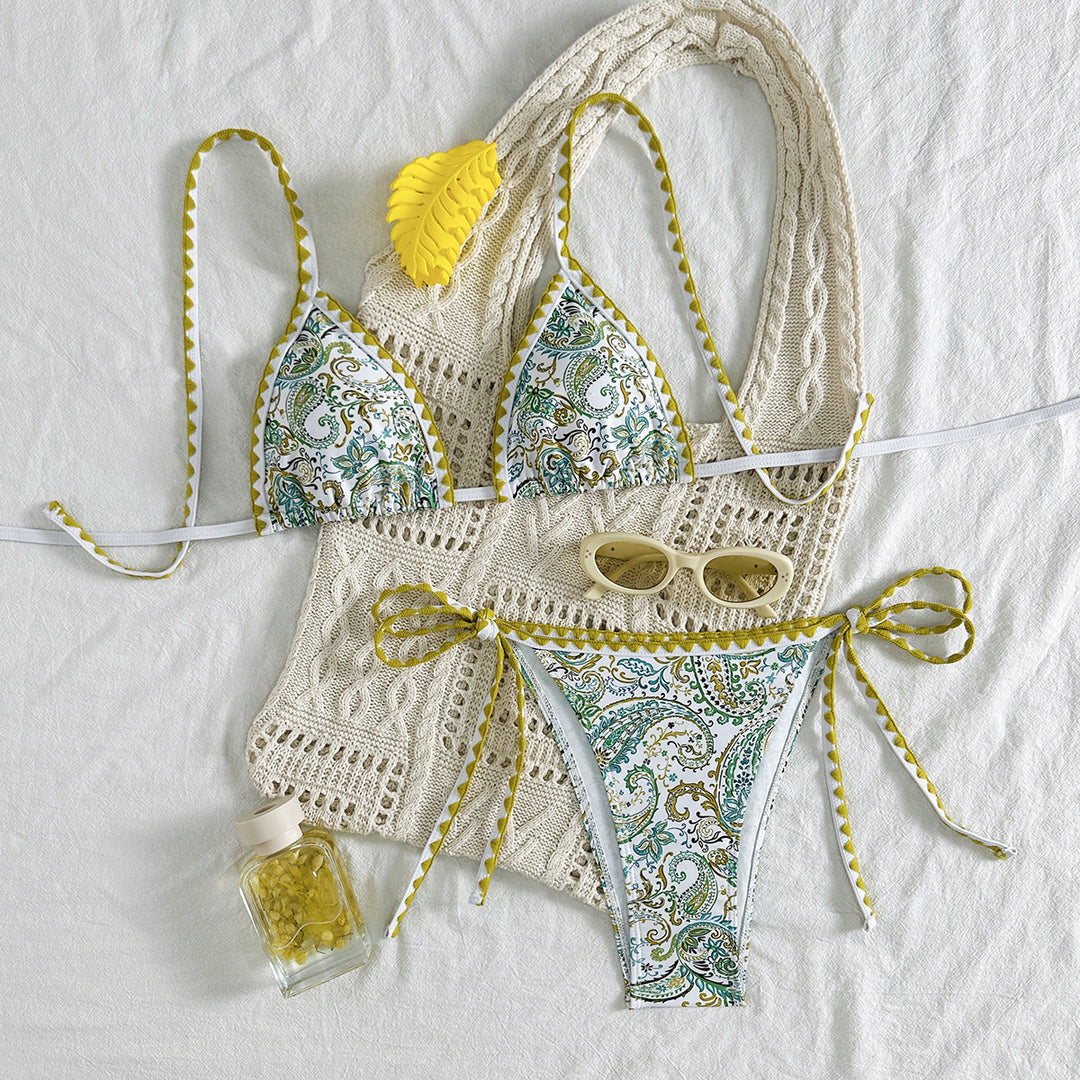 Women's triangle bikini with fashionable paisley pattern and elegant crochet look StylebySassy