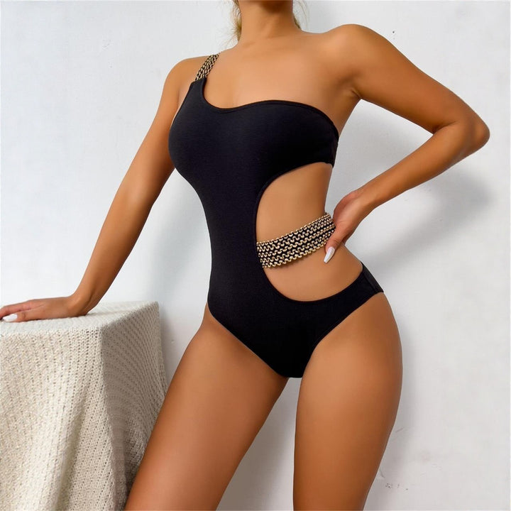 Women One-Piece Swimsuit with Asymmetric Cut-Out and Fashionable Chain Accents StylebySassy