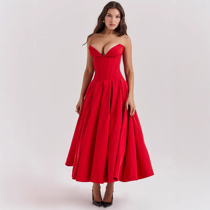 Women's strapless corset midi dress with pre-shaped bodice construction and flared circle skirt StylebySassy