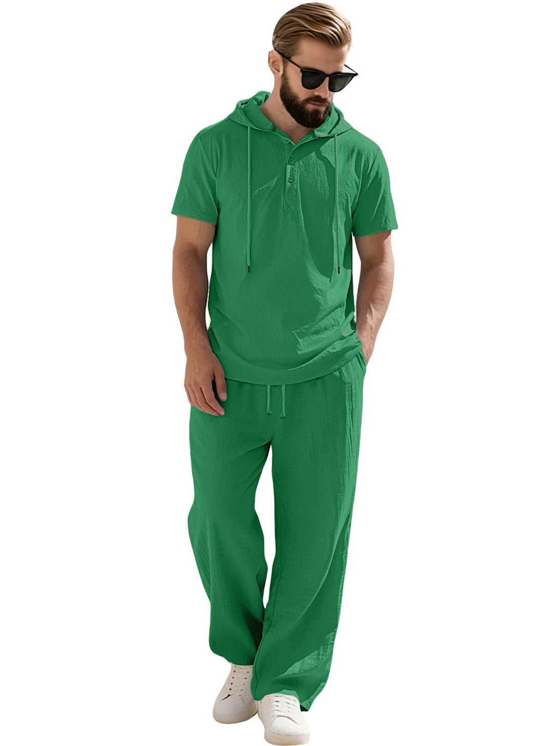 Men's casual short-sleeve hooded shirt in crinkled cotton blend with Henley button placket StylebySassy