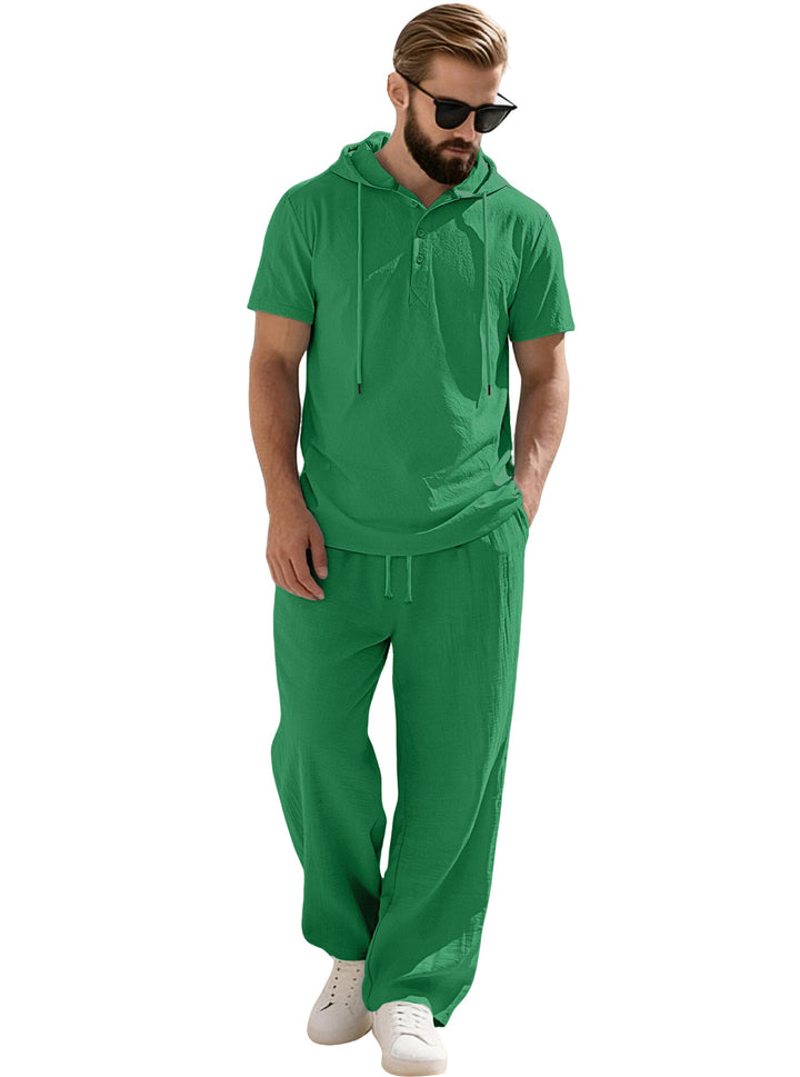 Men's casual short-sleeve hooded shirt in crinkled cotton blend with Henley button placket StylebySassy