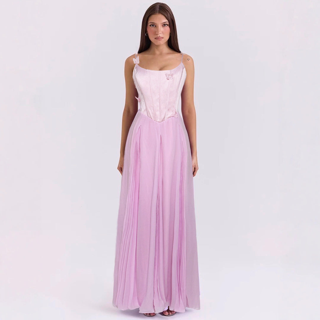 Women's bodycon corset maxi dress with butterfly straps and pleated chiffon skirt StylebySassy