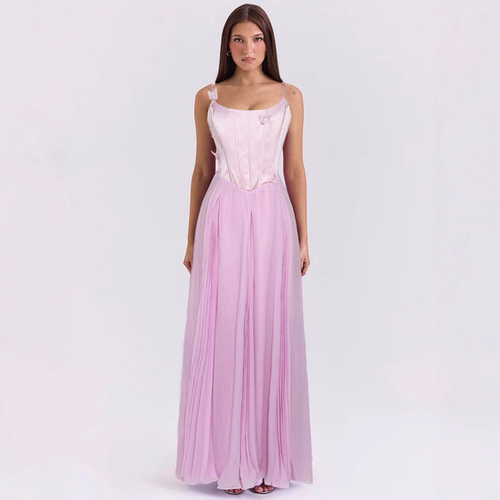 Women's bodycon corset maxi dress with butterfly straps and pleated chiffon skirt StylebySassy