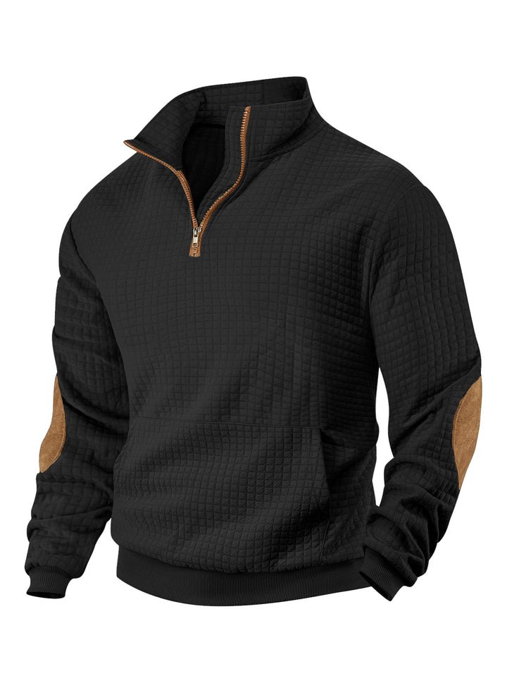 Men's waffle texture half-zip with stand-up collar, kangaroo pocket, and suede look elbow patches StylebySassy