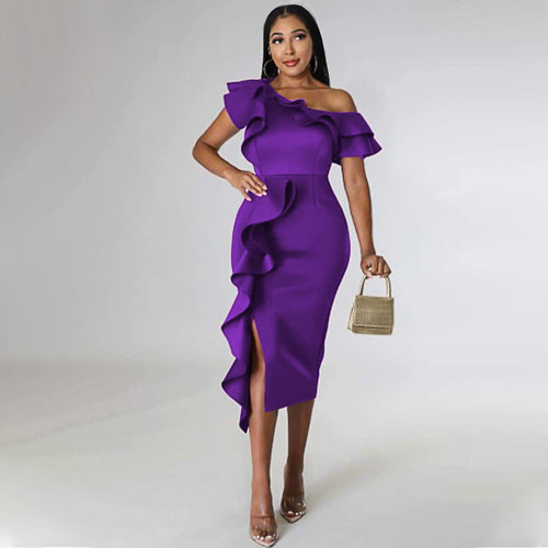 Women Elegant Sheath Dress with Asymmetrical Ruffle Design StylebySassy