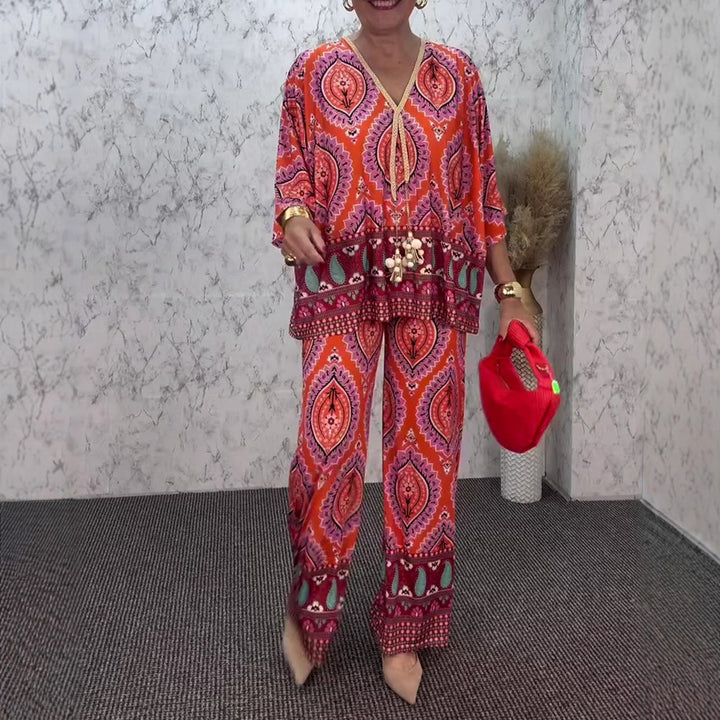 Ladies relaxed tunic and palazzo pants set with V-neck fringe band and wide leg StylebySassy