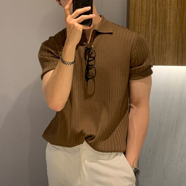 Men's narrow-cut ribbed polo shirt made of fine knit with short sleeves and polo collar StylebySassy