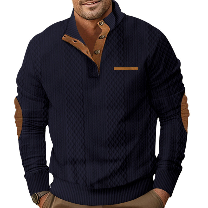 Men's knitted pullover with stand-up collar, button placket and elbow patches StylebySassy