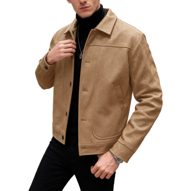 Men's modern trucker overshirt made of suede imitation with decorative stitching and patch pockets StylebySassy