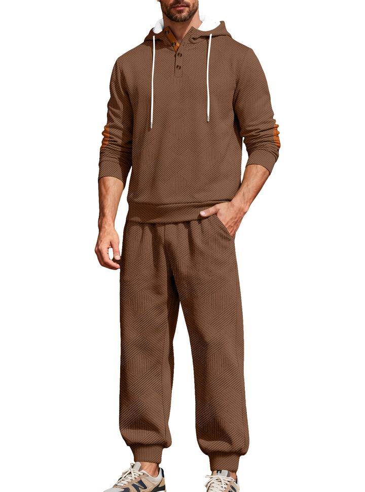 Men's textured hoodie jogging set with Henley button placket and contrast elbow patches StylebySassy