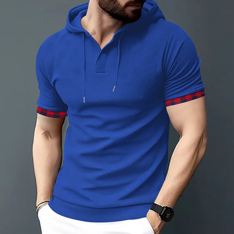 Men's fitted short sleeve hooded polo shirt with Henley placket and drawstring StylebySassy