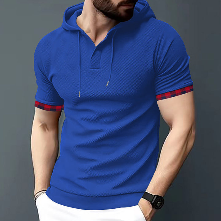 Men's fitted short sleeve hooded polo shirt with Henley placket and drawstring StylebySassy