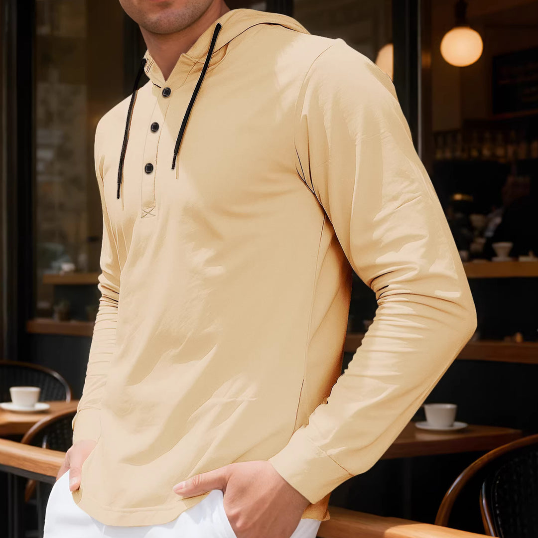 Men's Hooded Henley Long Sleeve Shirt made of lightweight stretch jersey with drawstring StylebySassy