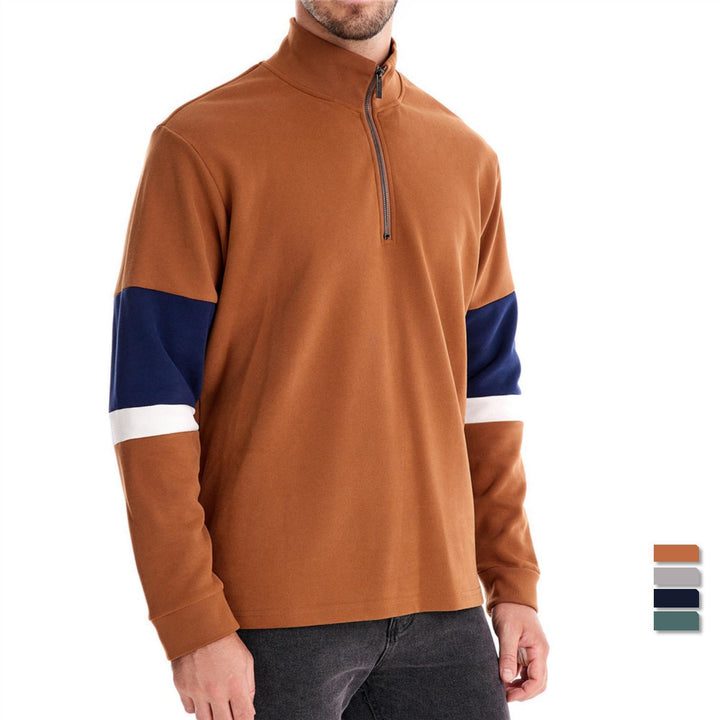 Men's half-zip pullover with stand-up collar, striped collar inner band and contrast sleeves StylebySassy