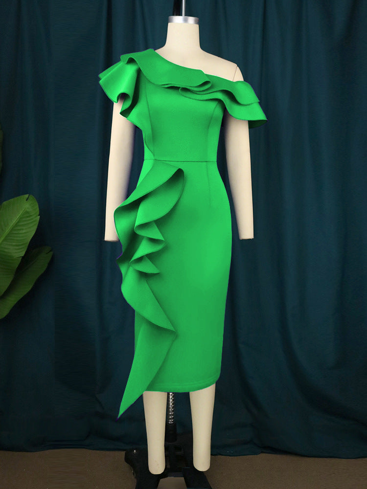 Women Elegant Sheath Dress with Asymmetrical Ruffle Design StylebySassy