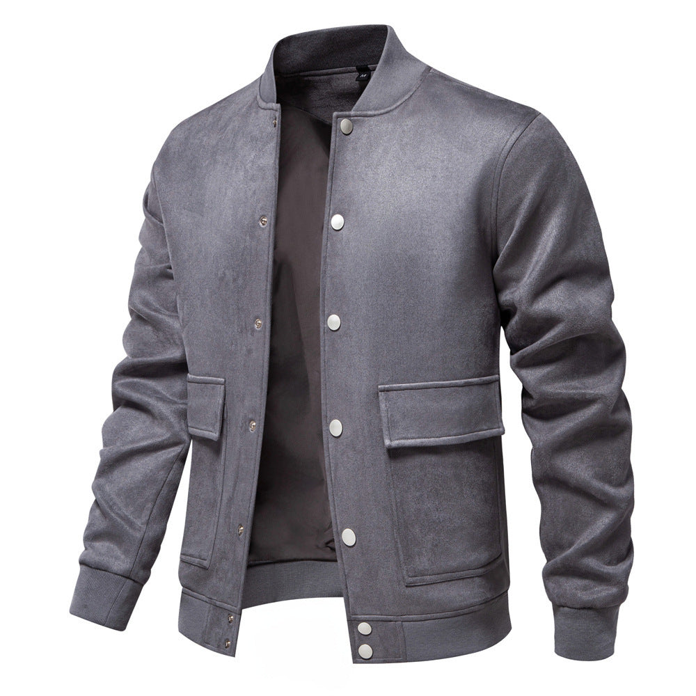 Men's suede-look college jacket with snap button closure, flap pockets and ribbed hem StylebySassy
