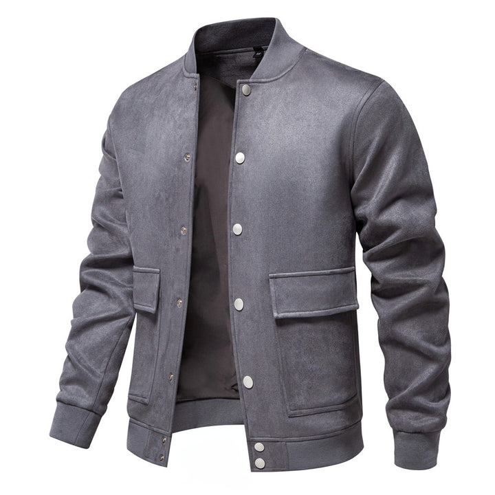 Men's suede-look college jacket with snap button closure, flap pockets and ribbed hem StylebySassy
