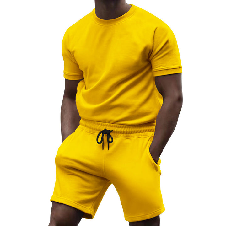 Men's short-sleeve sweat set made of soft sweatshirt fabric with a round neck shirt and drawstring shorts StylebySassy