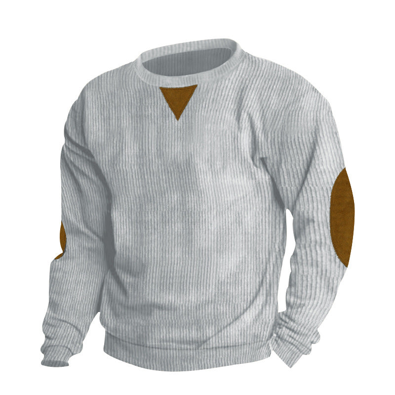 Men's ribbed knit sweater with round neckline elbow patches and decorative triangle StylebySassy