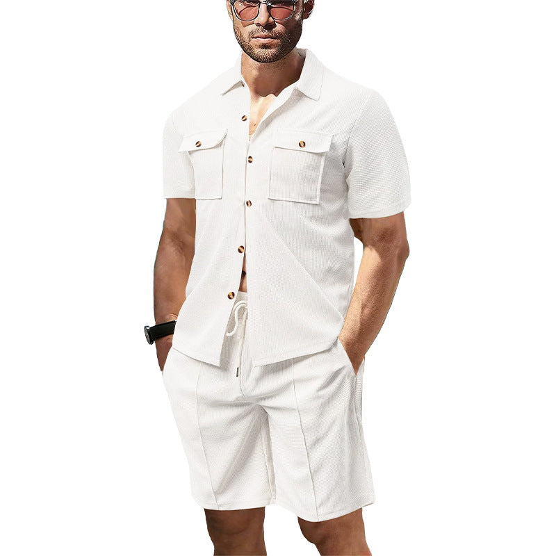 Men's structured short-sleeve shirt and bermuda set made of breathable cotton blend with chest pockets and drawstring StylebySassy