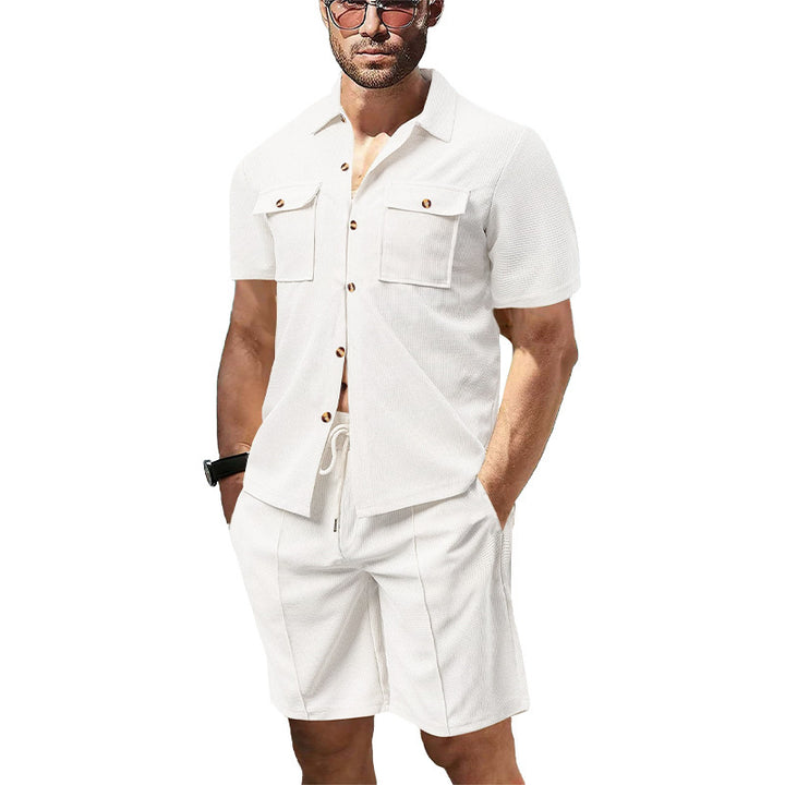 Men's structured short-sleeve shirt and bermuda set made of breathable cotton blend with chest pockets and drawstring StylebySassy